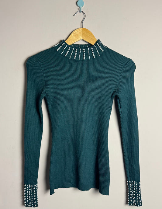 Teal Embellished High Neck Sweater