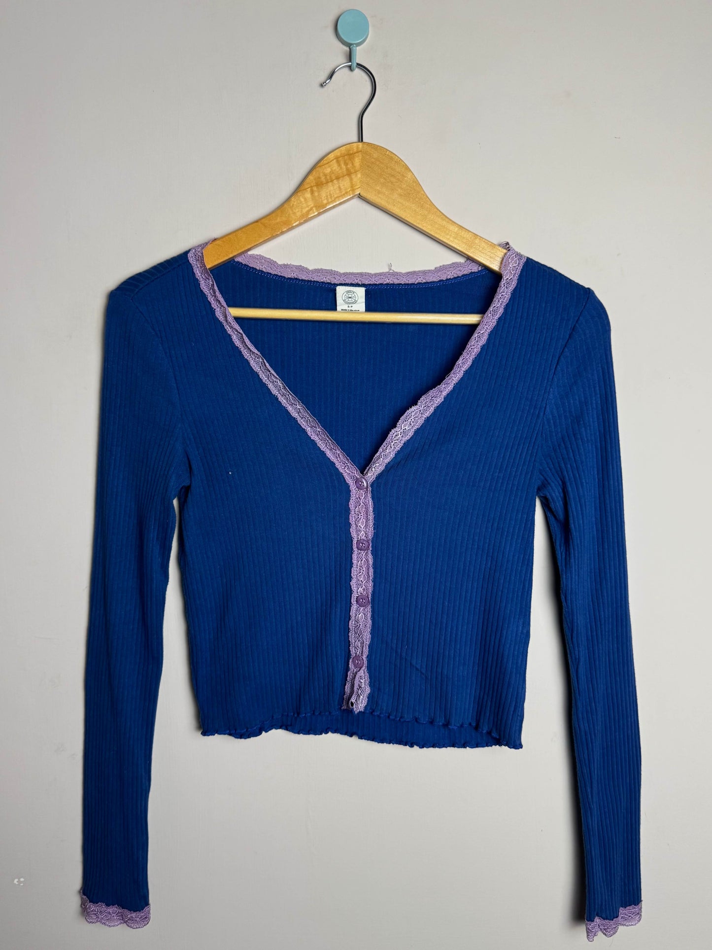 Blue Lace Trim Button Down Sweater