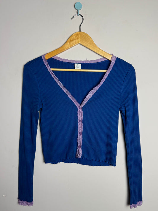 Blue Lace Trim Button Down Sweater