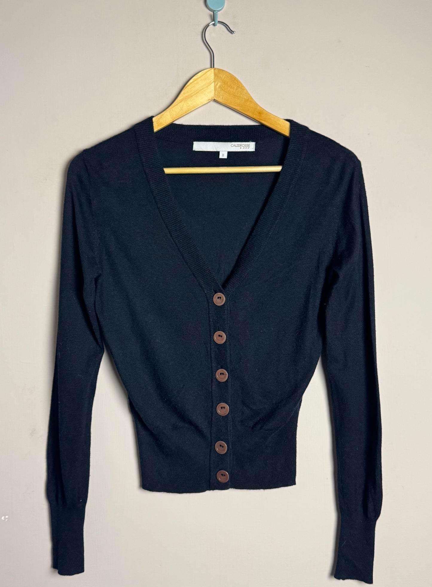 Black V-Neck Brown Button Sweater