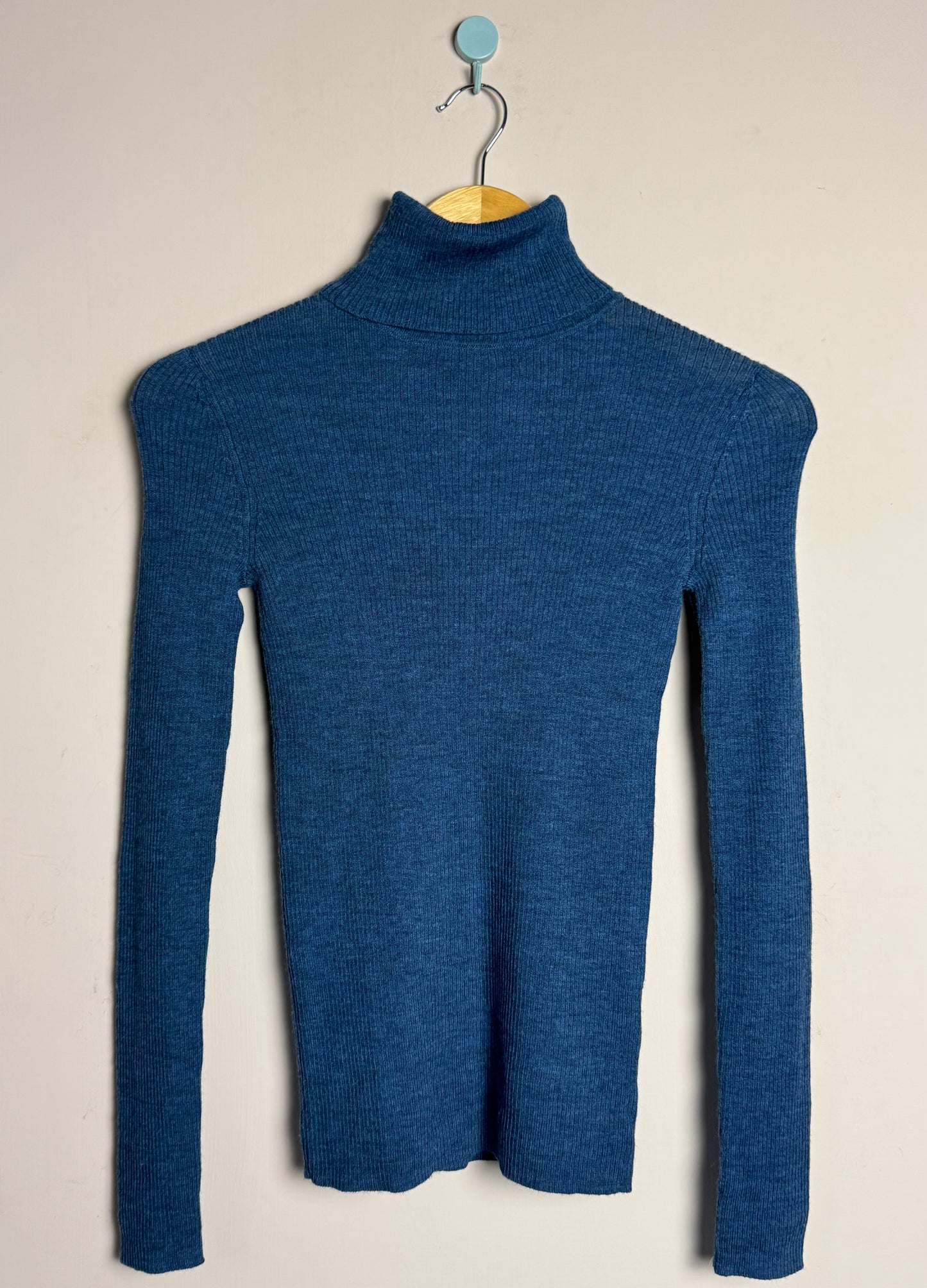 Blue Ribbed Turtleneck Sweater
