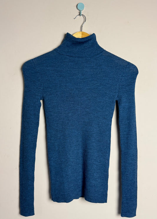 Blue Ribbed Turtleneck Sweater
