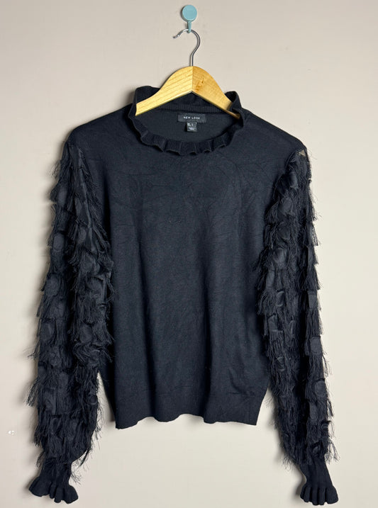 Black Textured Sleeve High Neck Sweater