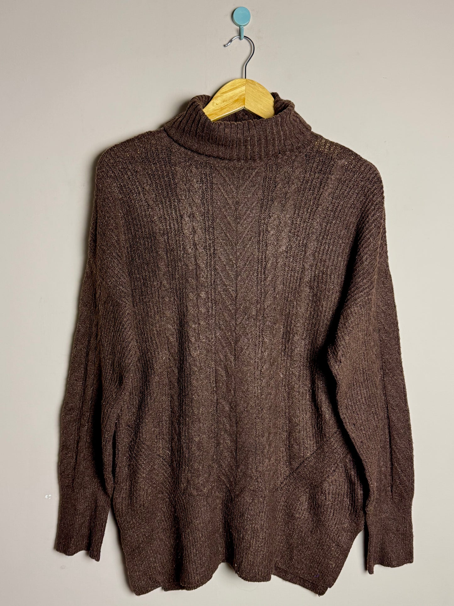 Brown Cable Knit High Neck Sweater