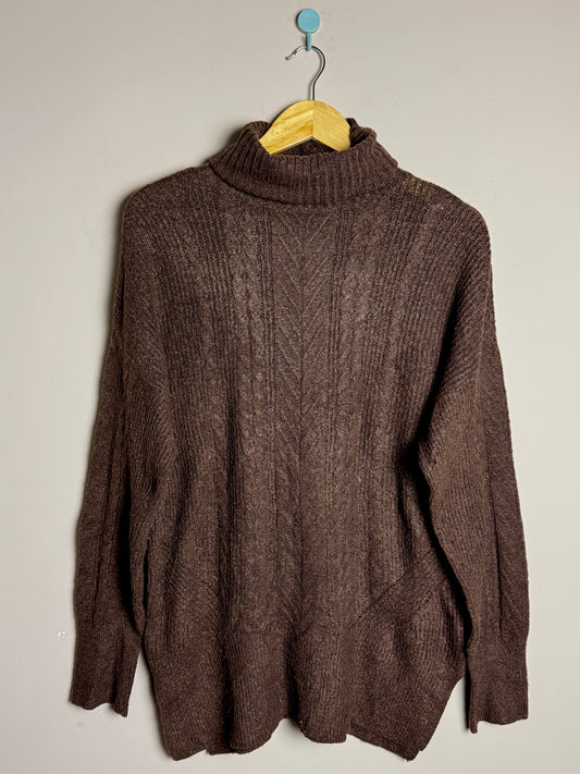 Brown Cable Knit High Neck Sweater
