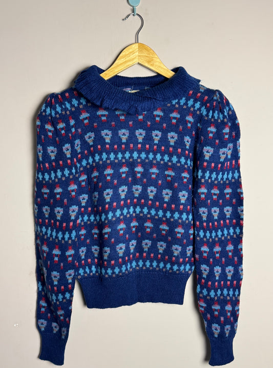 Blue Pattern High Neck Sweater