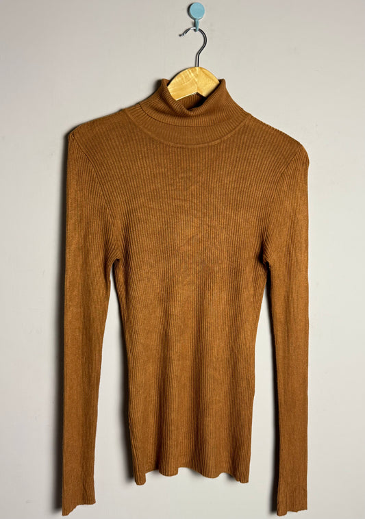 Camel Brown Ribbed High Neck Sweater