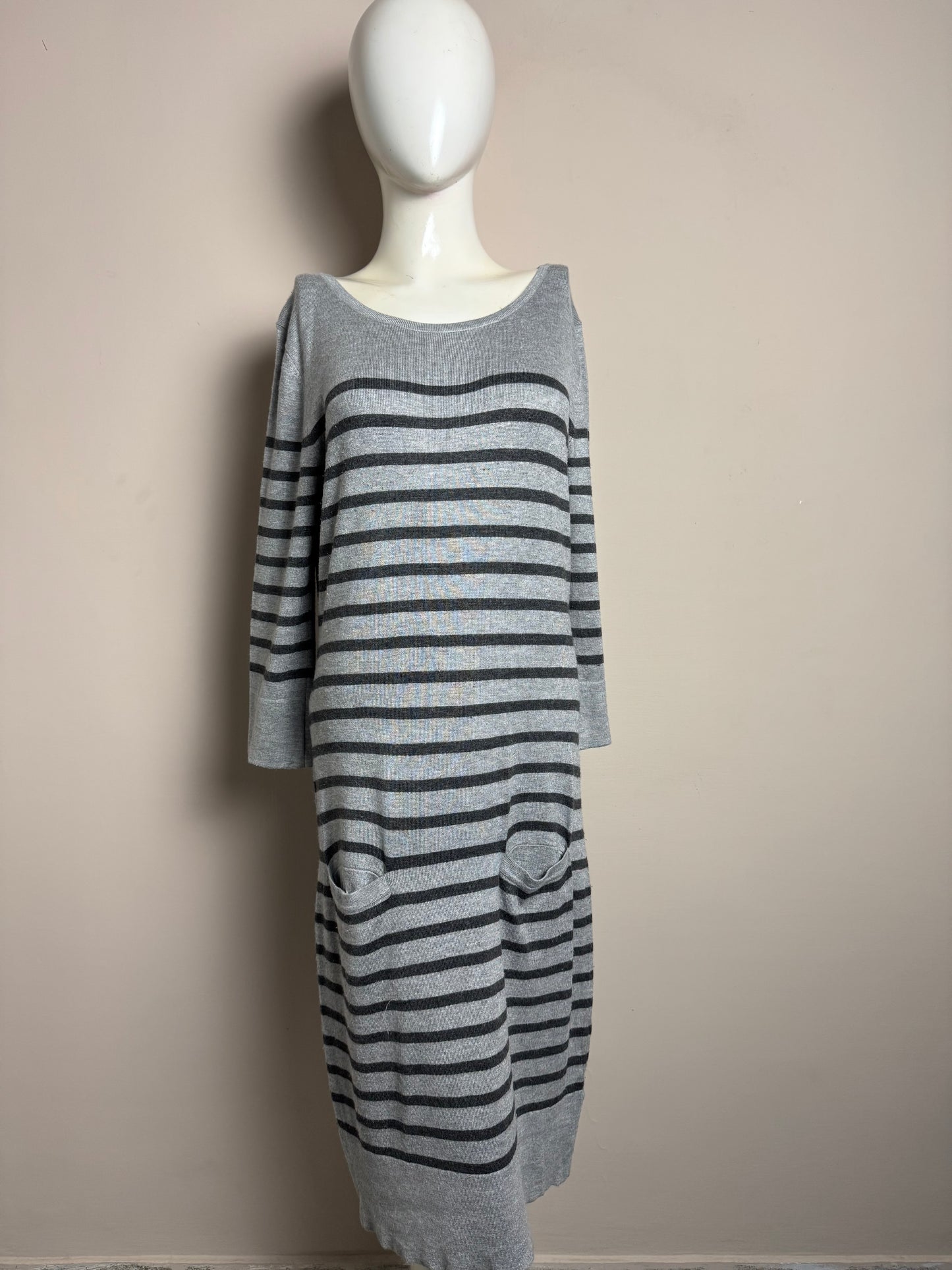 Grey Striped Sweater Dress with Pockets