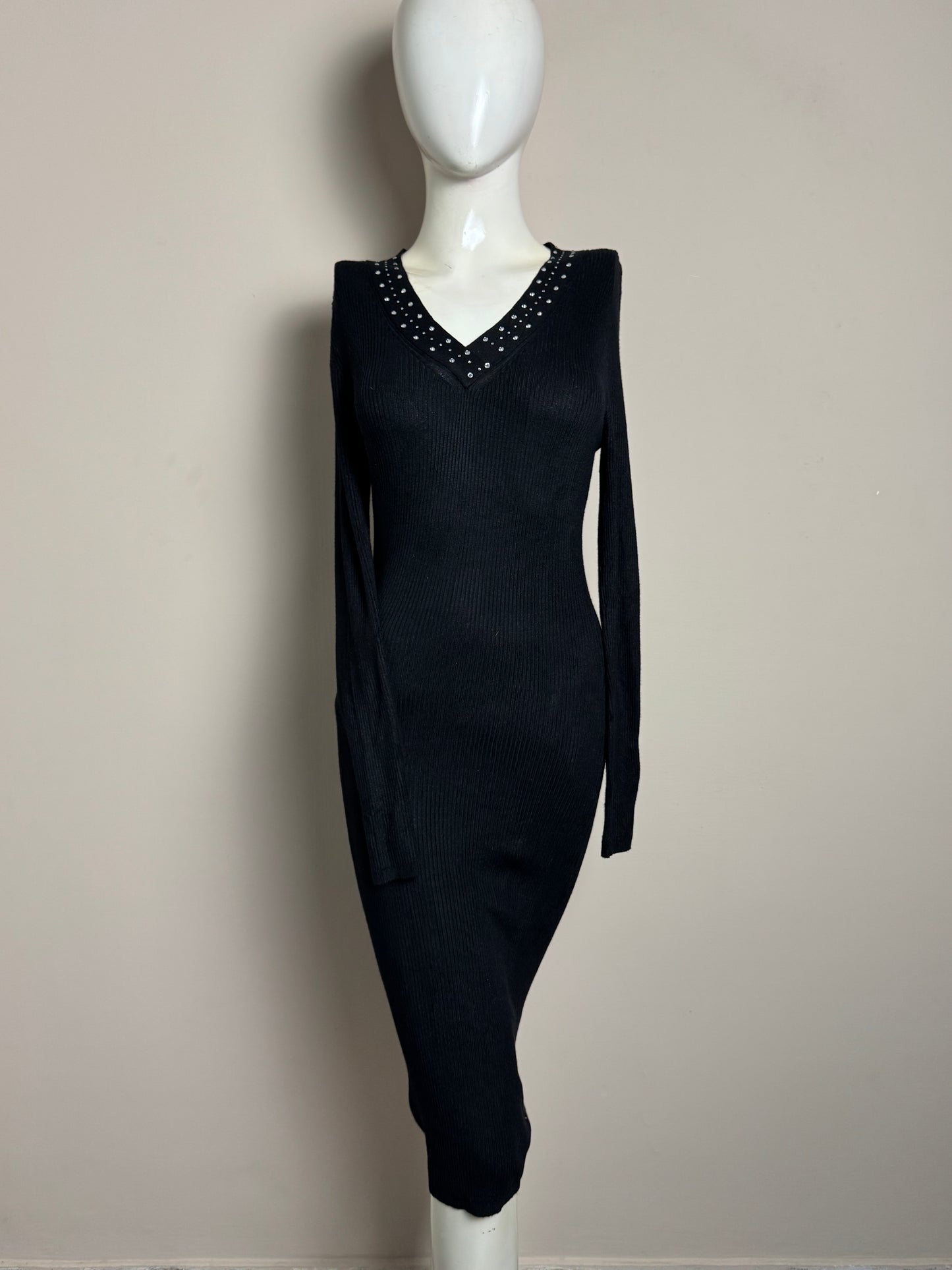 Black V-Neck Studded Knit Dress