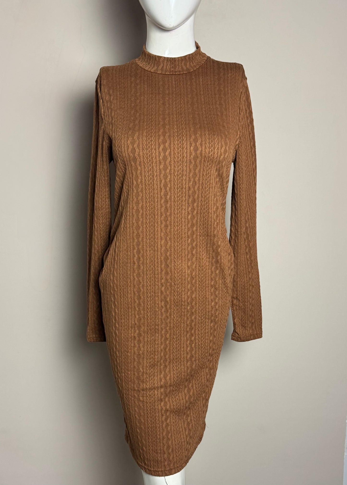 Brown Textured Long Sleeve Dress