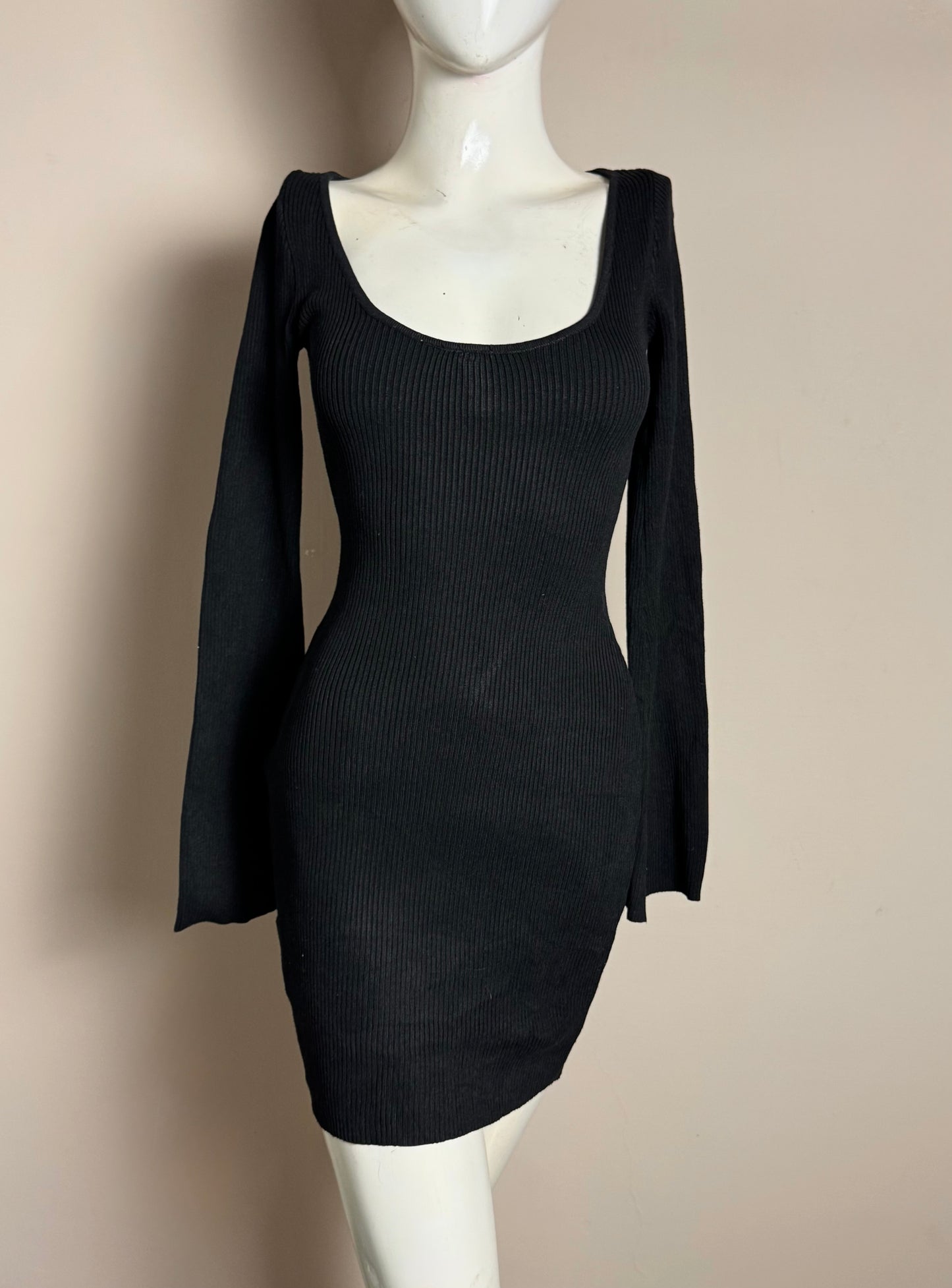 Black Ribbed Square Neck Long Sleeve Mini Dress