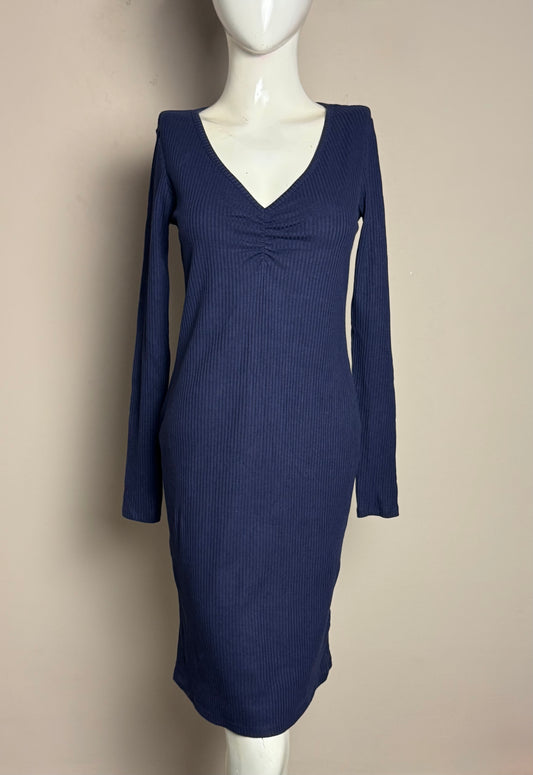 Navy V-Neck Long Sleeve Dress