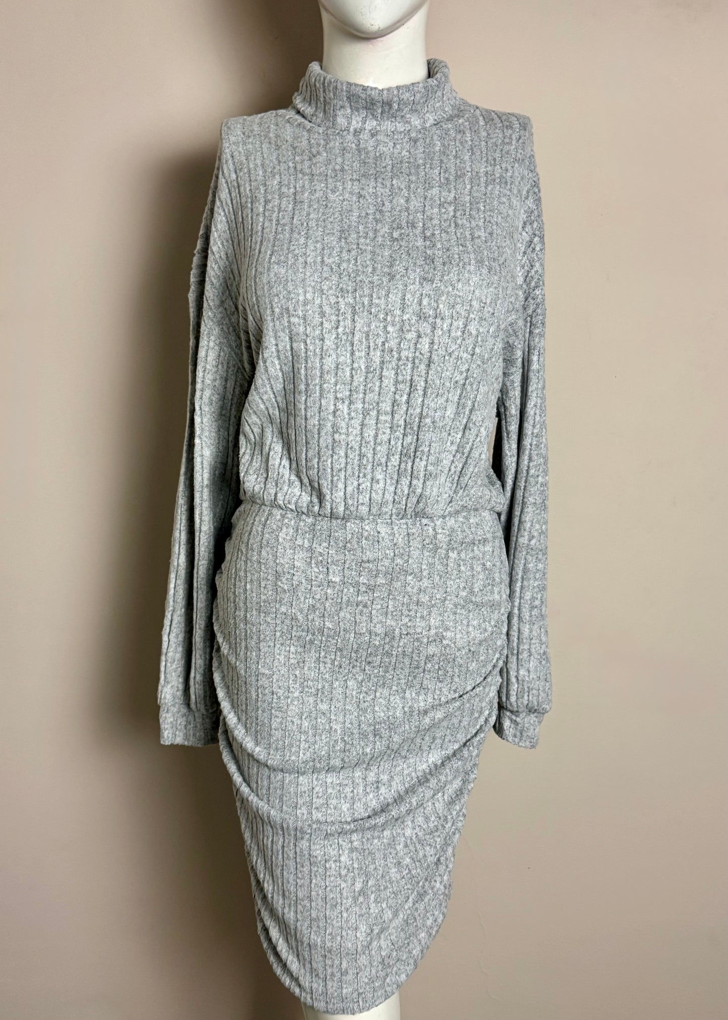 Grey Ribbed Turtleneck Midi Dress