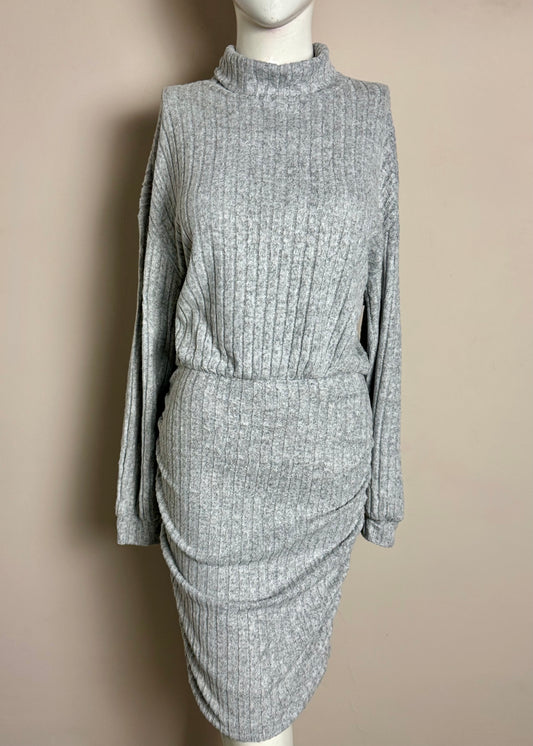 Grey Ribbed Turtleneck Midi Dress