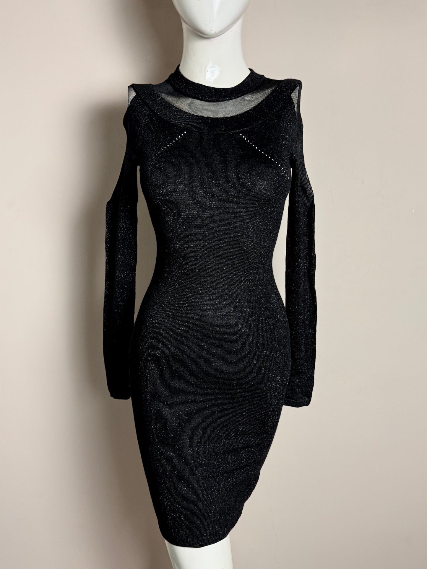 Black Glitter Cold Shoulder Mesh Neck Mini Dress