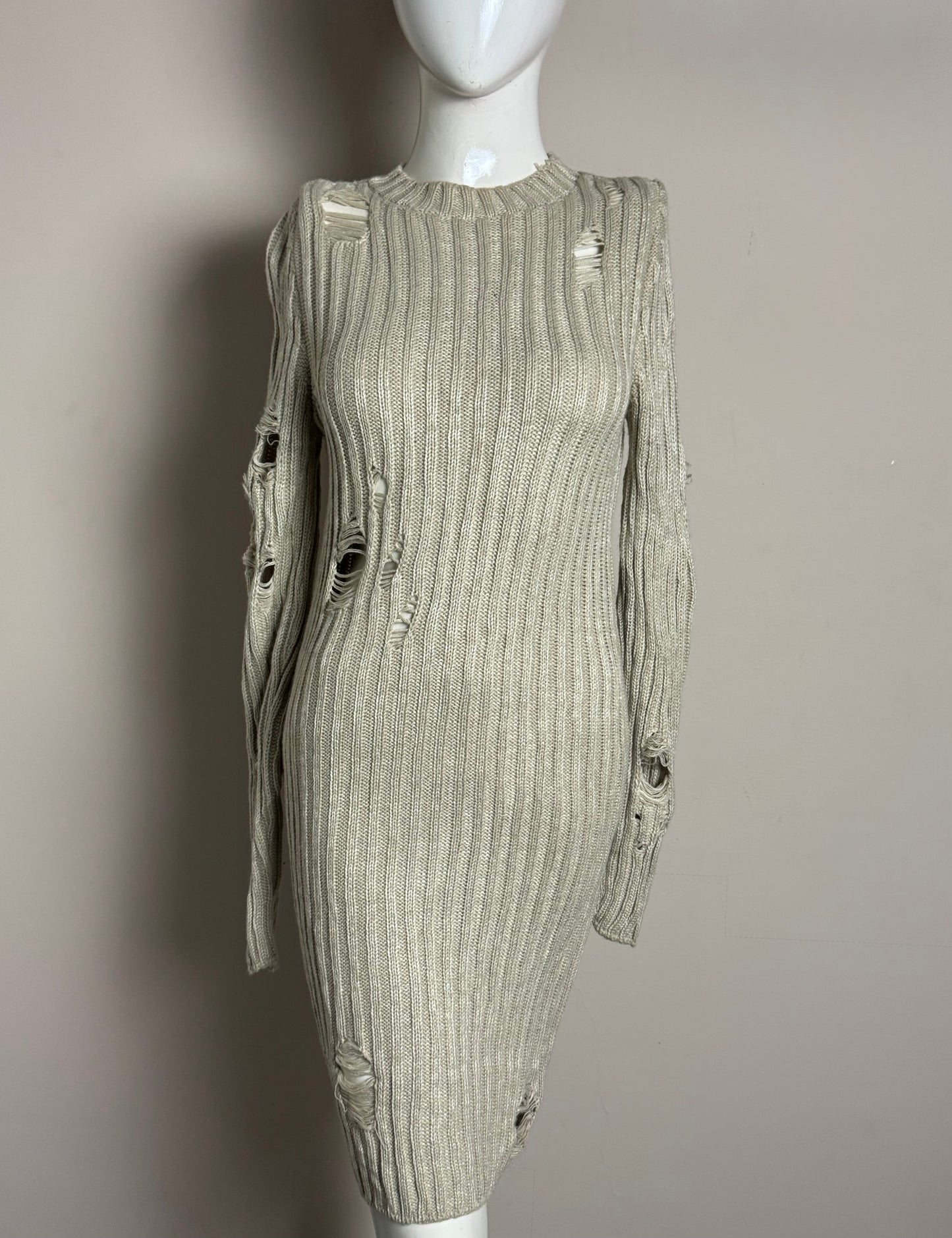 Beige Distressed Ribbed Knit Bodycon Dress