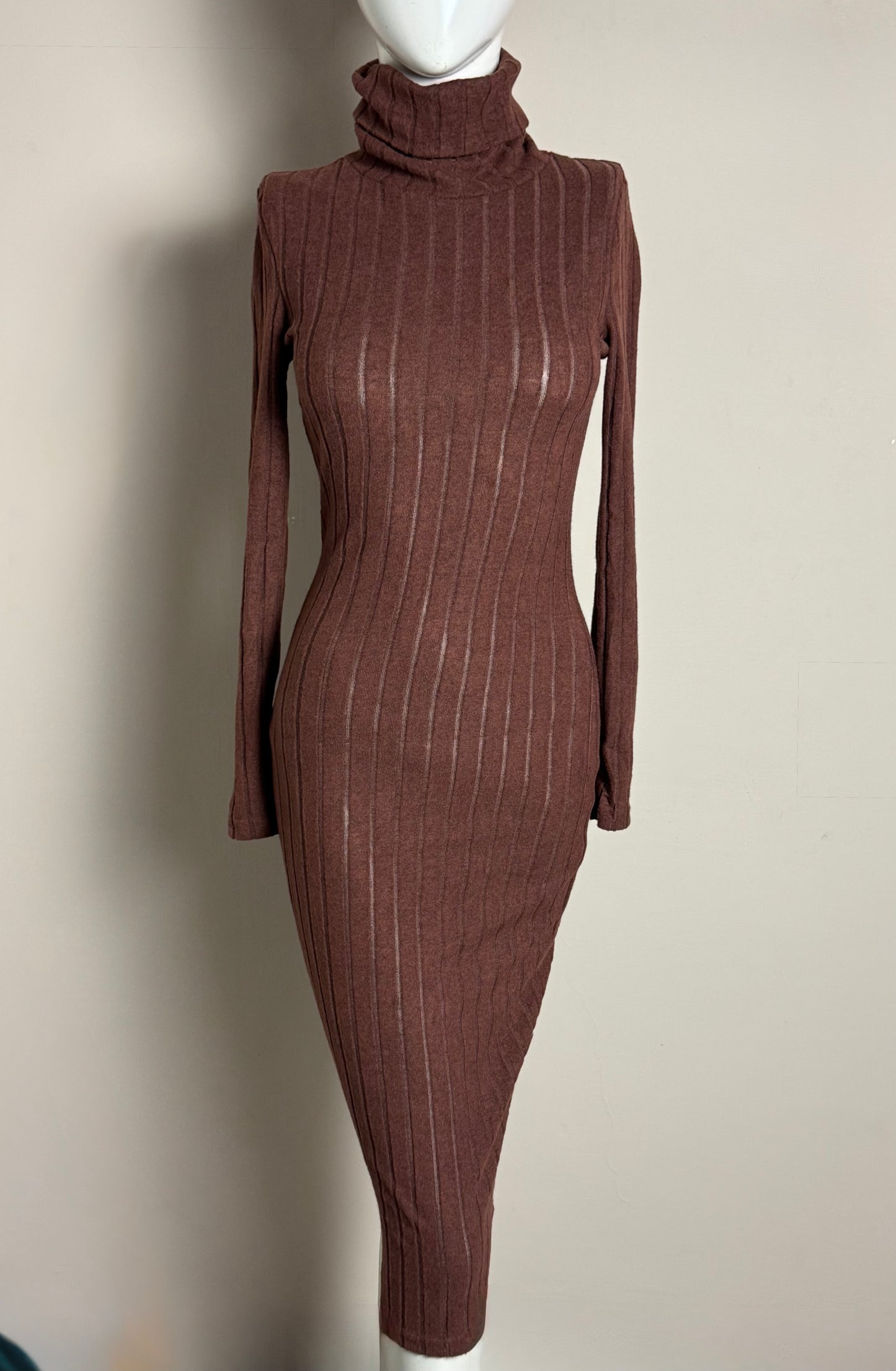 Brown Ribbed Long Sleeve Turtleneck Midi Dress