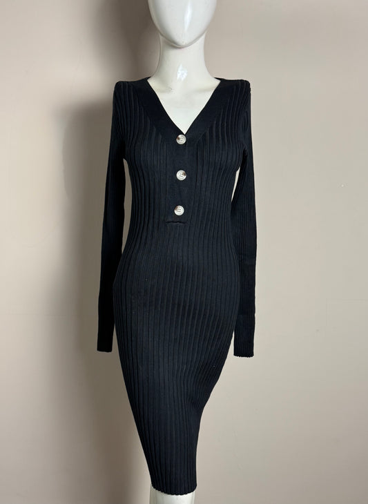 Black Ribbed V-Neck Buttoned Midi Dress