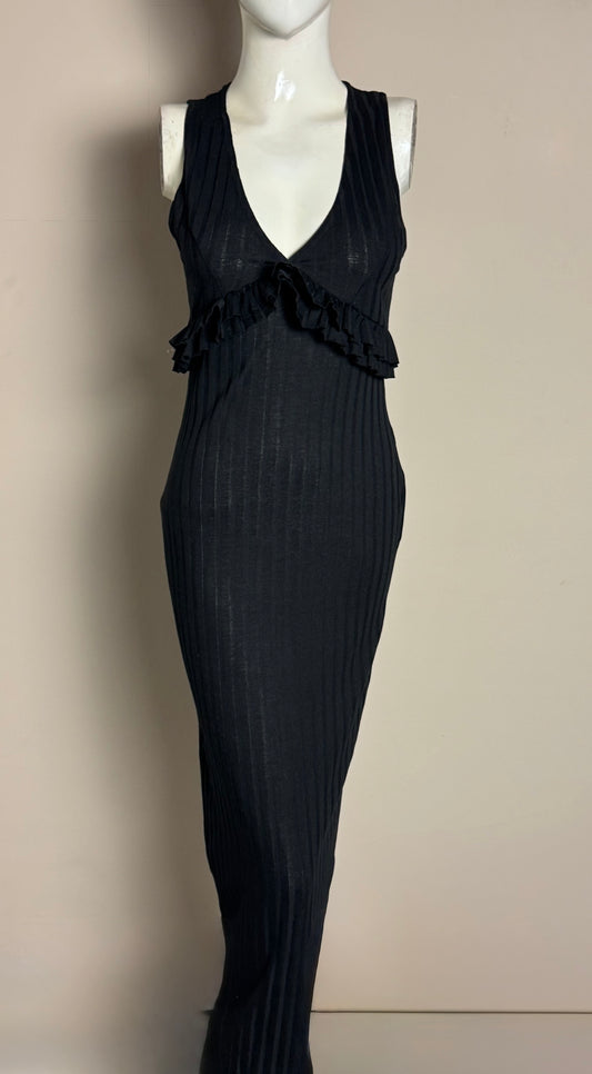 Black Deep V Ruffle Midi Dress