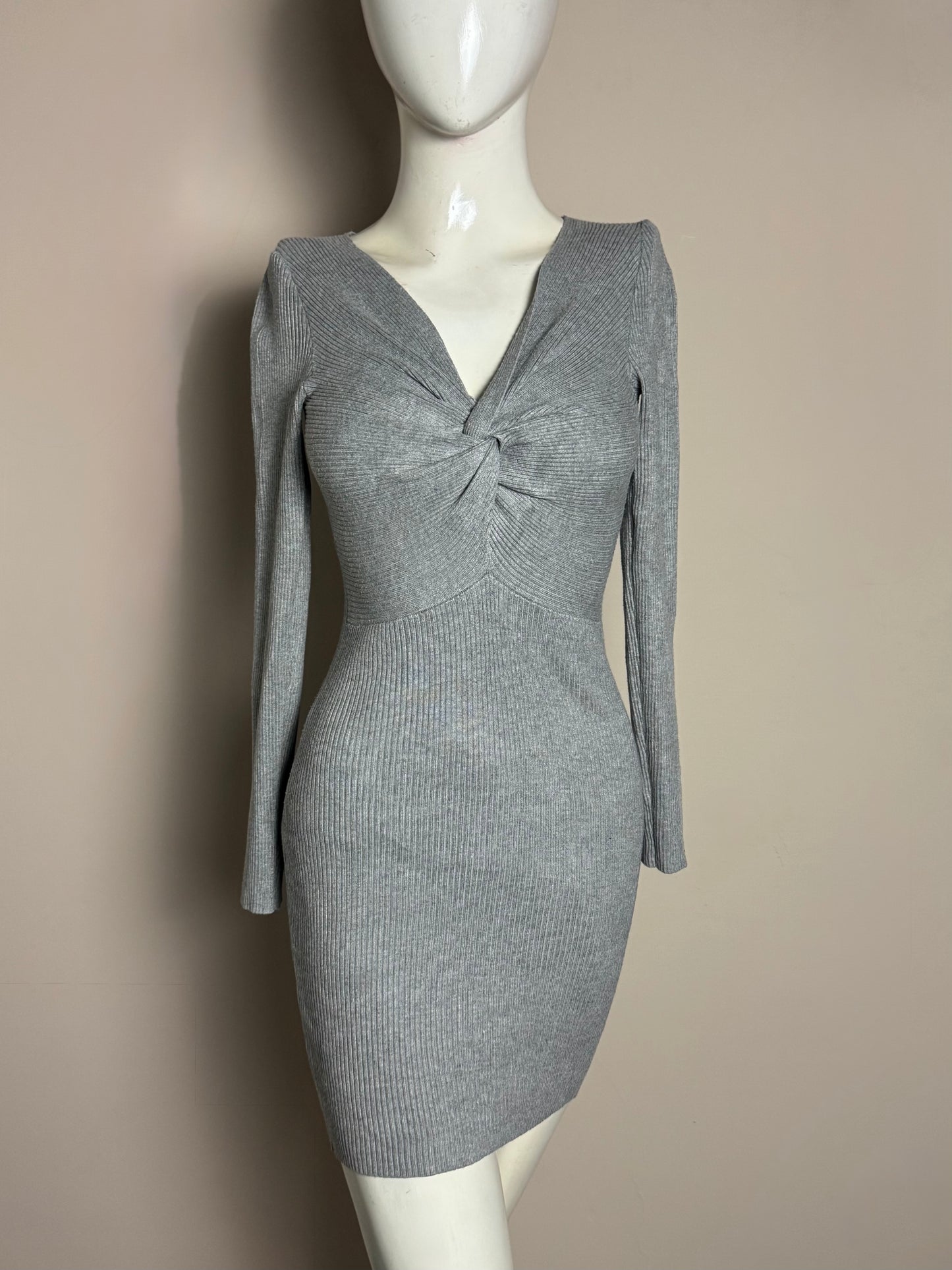 Grey Twist Front Ribbed Mini Dress