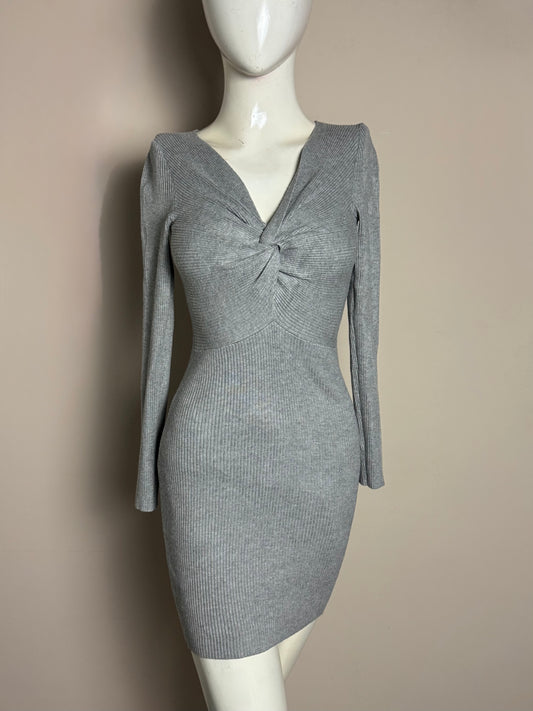 Grey Twist Front Ribbed Mini Dress