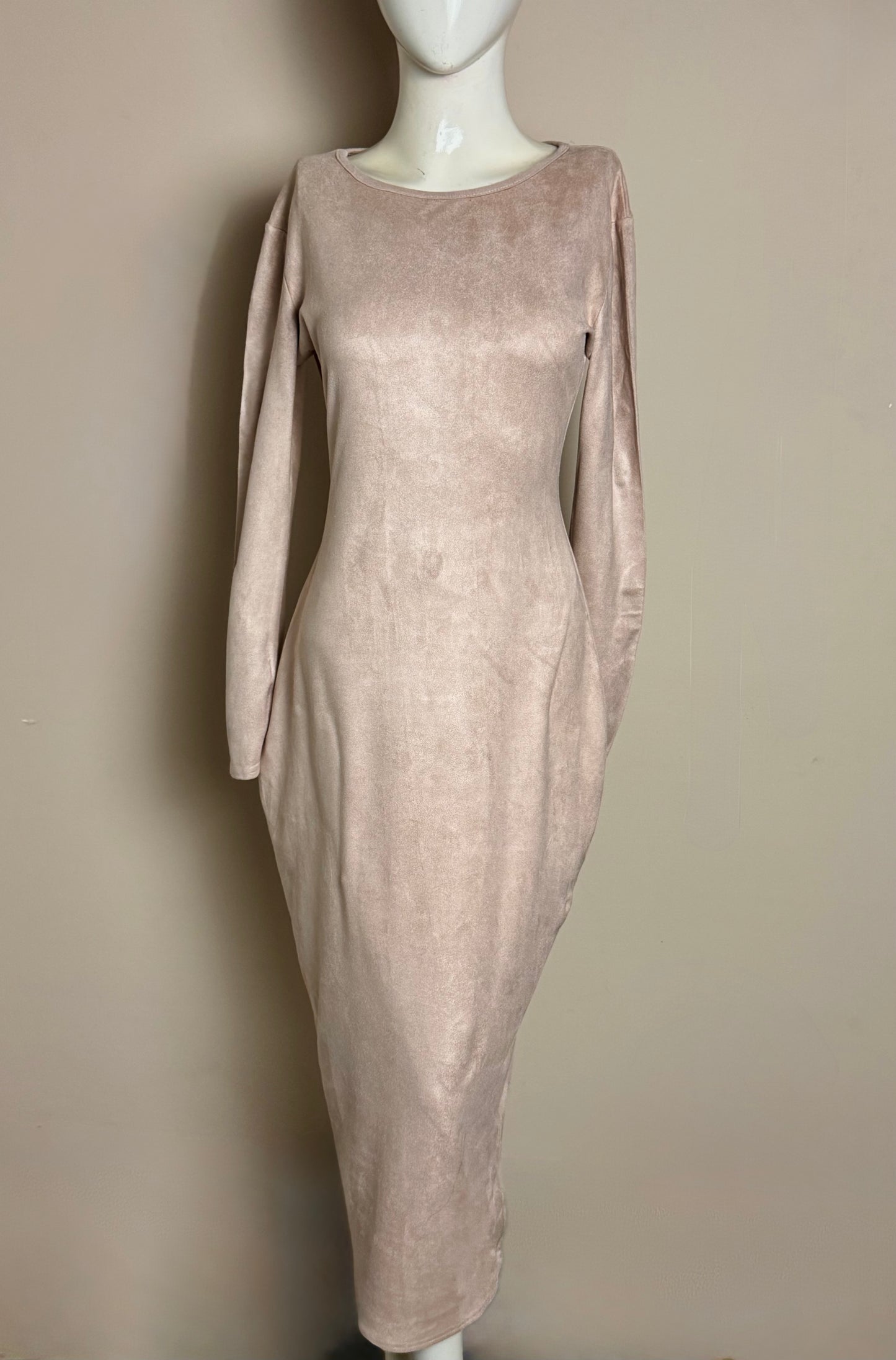 Beige Velvet Long Sleeve Midi Dress –