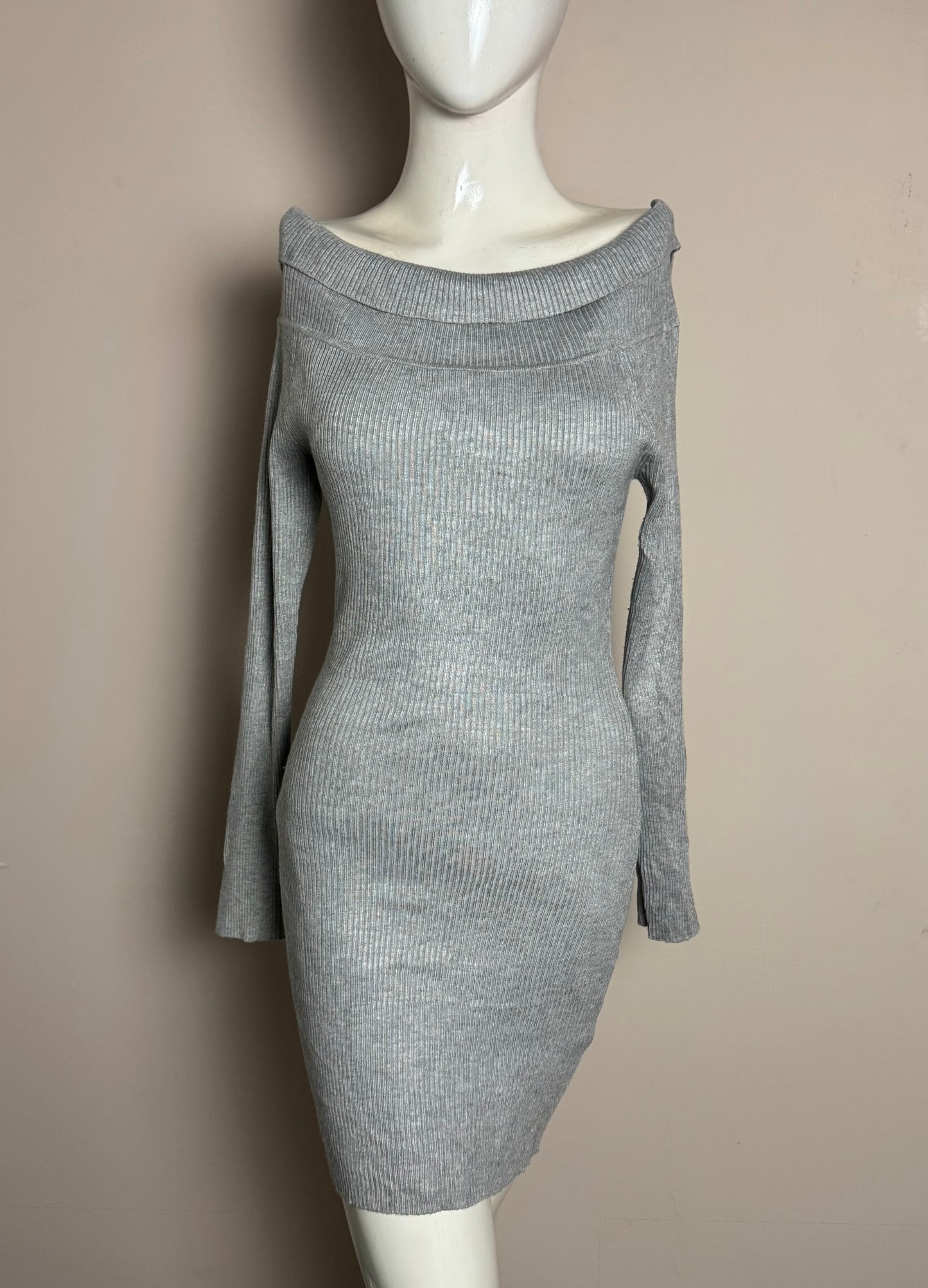 Grey Off-Shoulder Ribbed Knit Dress