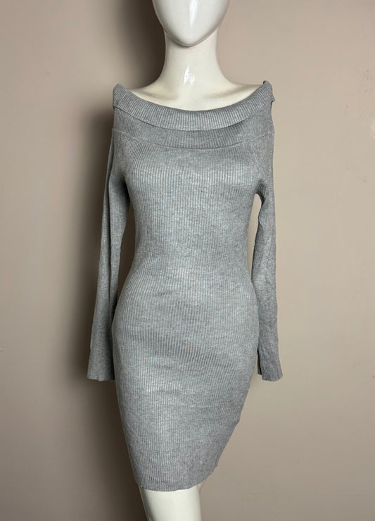 Grey Off-Shoulder Ribbed Knit Dress
