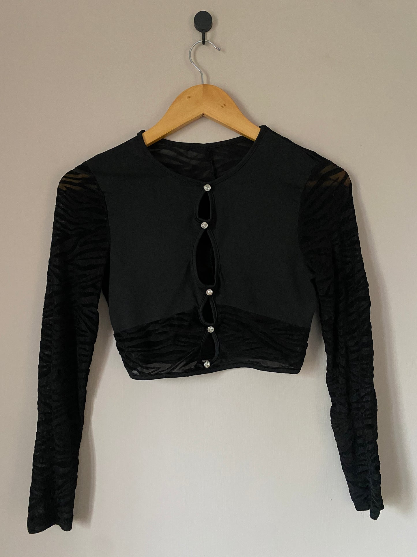 black-mesh-sleeve-button-up-crop-top