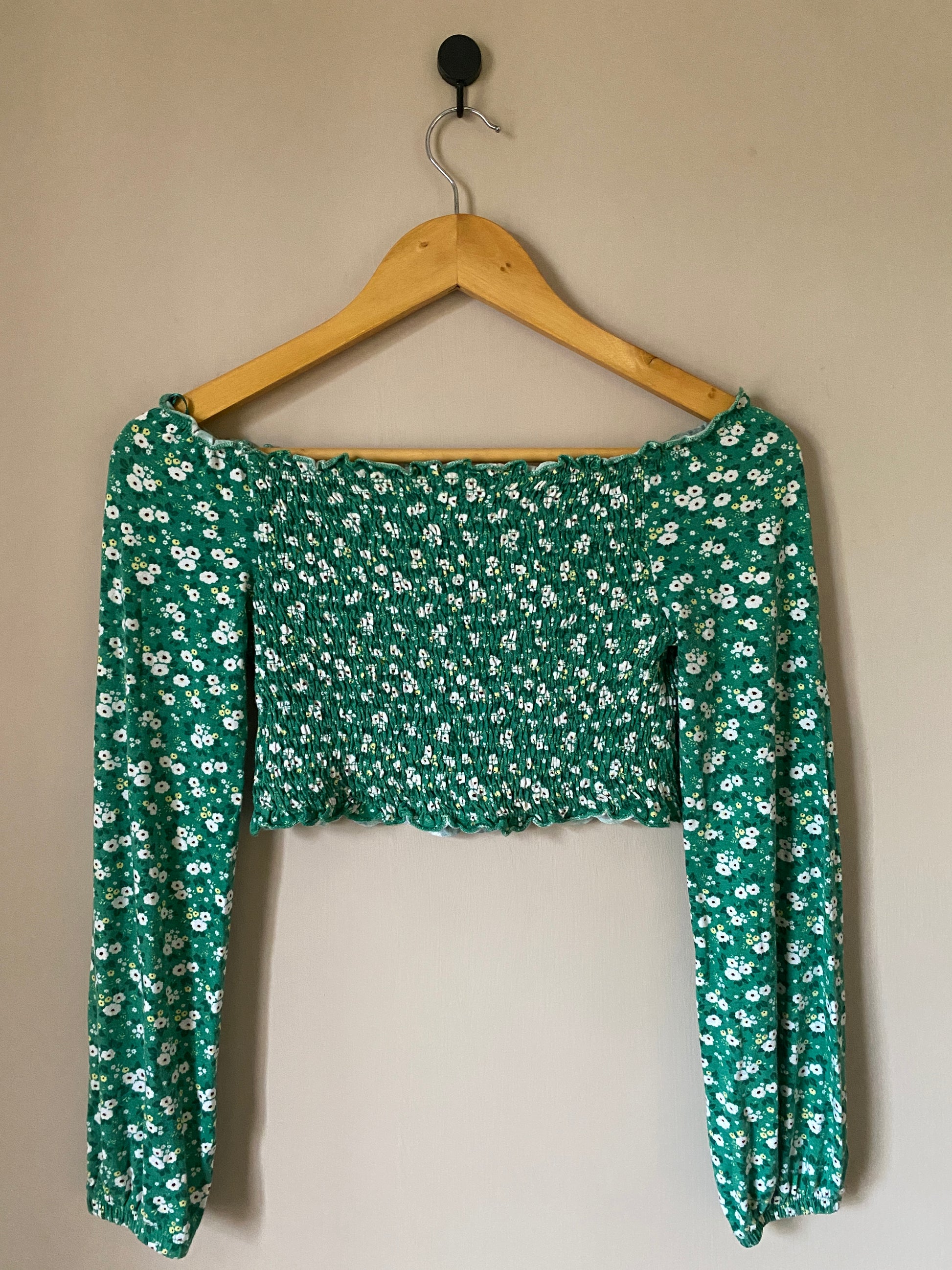 green-floral-off-shoulder-crop-top