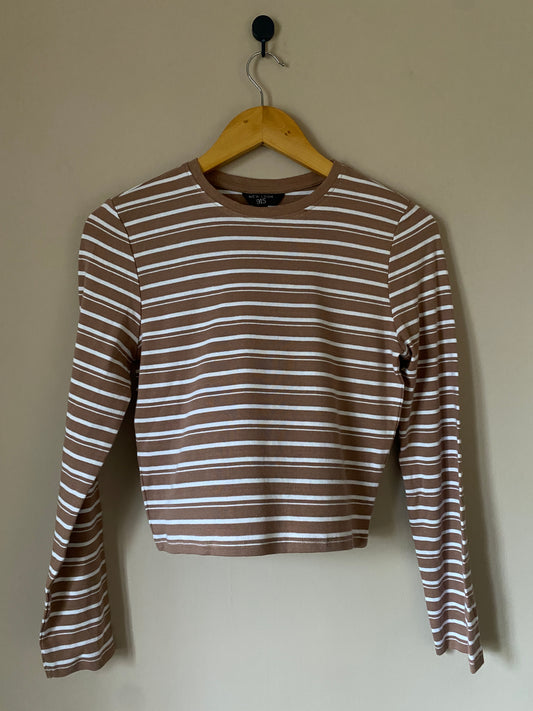 Brown and White Striped Long Sleeve Tee