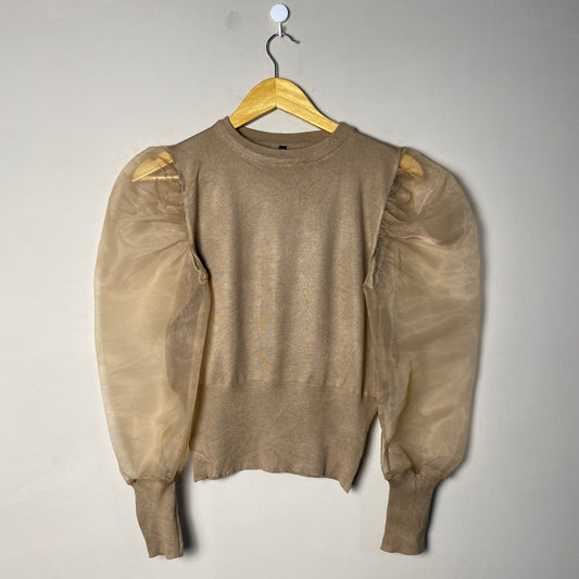 Beige Sheer Sleeve Woolen Sweater