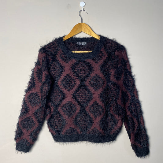 Maroon Black Fuzzy Woolen Sweater
