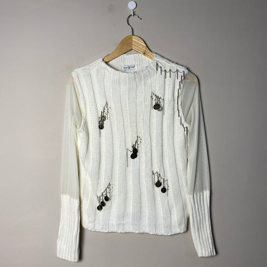White Embroidered Woolen Sweater