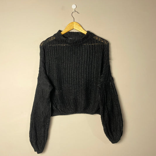 Black Balloon Sleeve Woolen Sweater