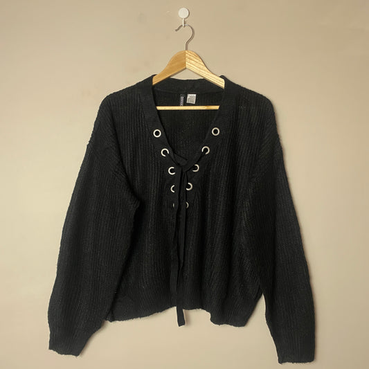 Black Lace-Up Woolen Sweater