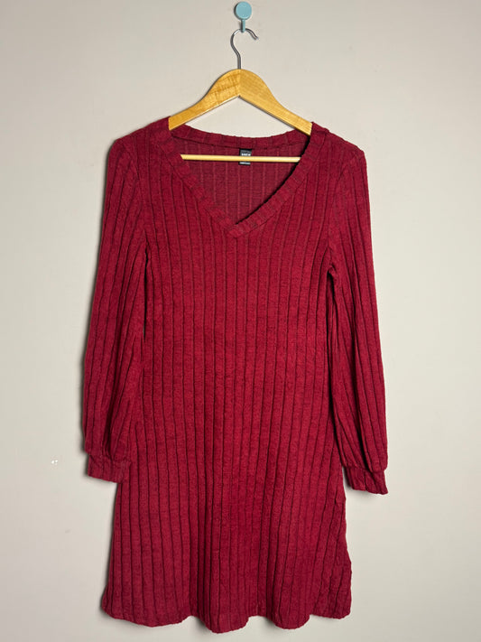 Maroon V-Neck Ribbed Frock