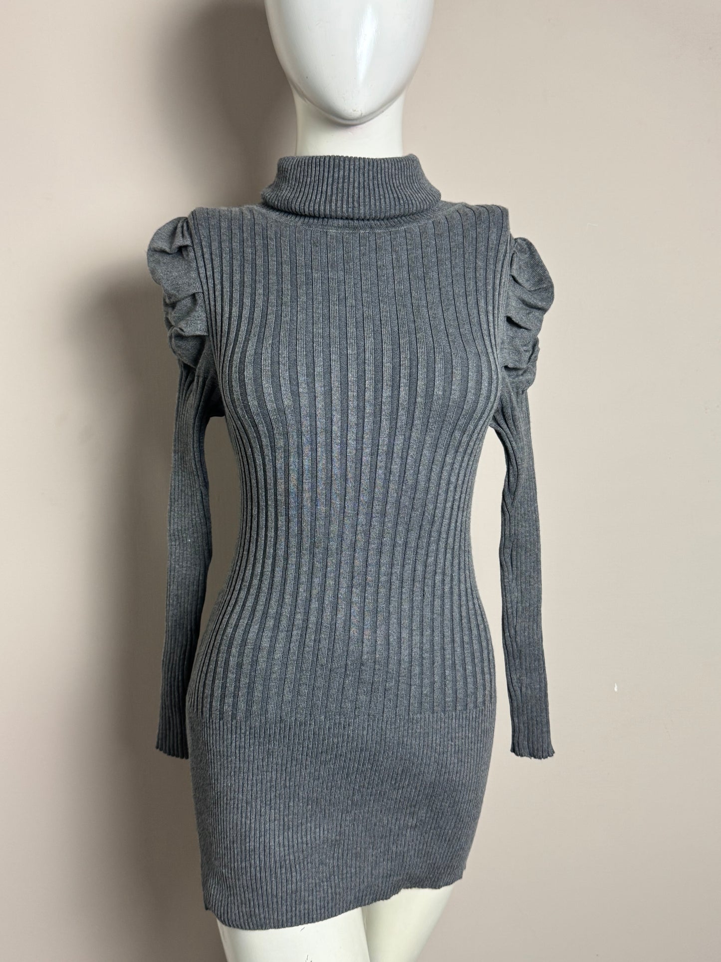 Grey Ribbed Puff Sleeve Dress