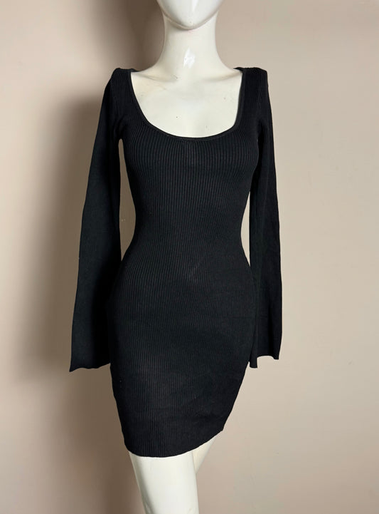 Black Ribbed Square Neck Long Sleeve Mini Dress