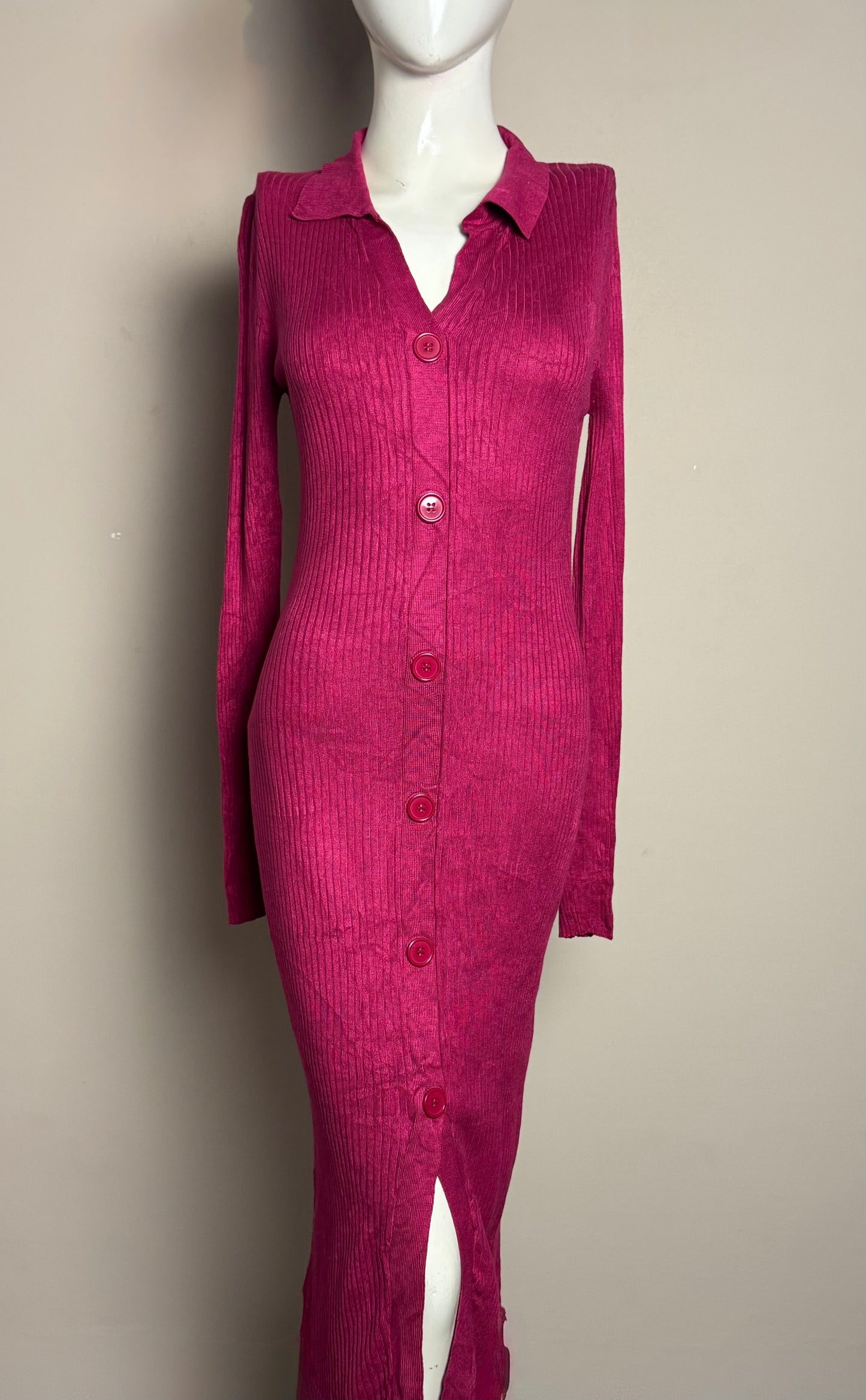 Magenta Button Down Knit Dress