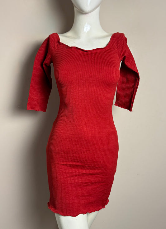 Red Ribbed Off-Shoulder Mini Dress