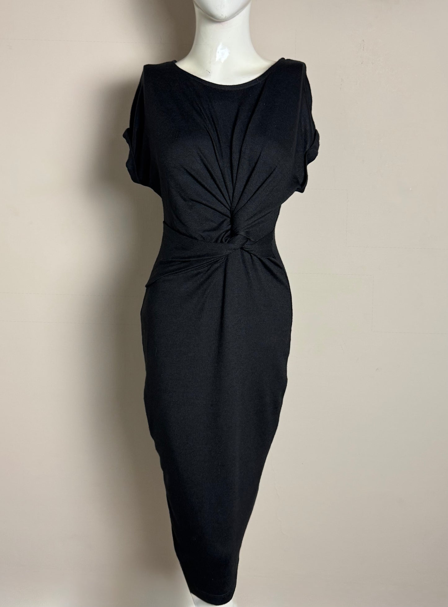 Black Front Twist Short Sleeve Midi Dress