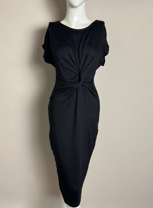 Black Front Twist Short Sleeve Midi Dress