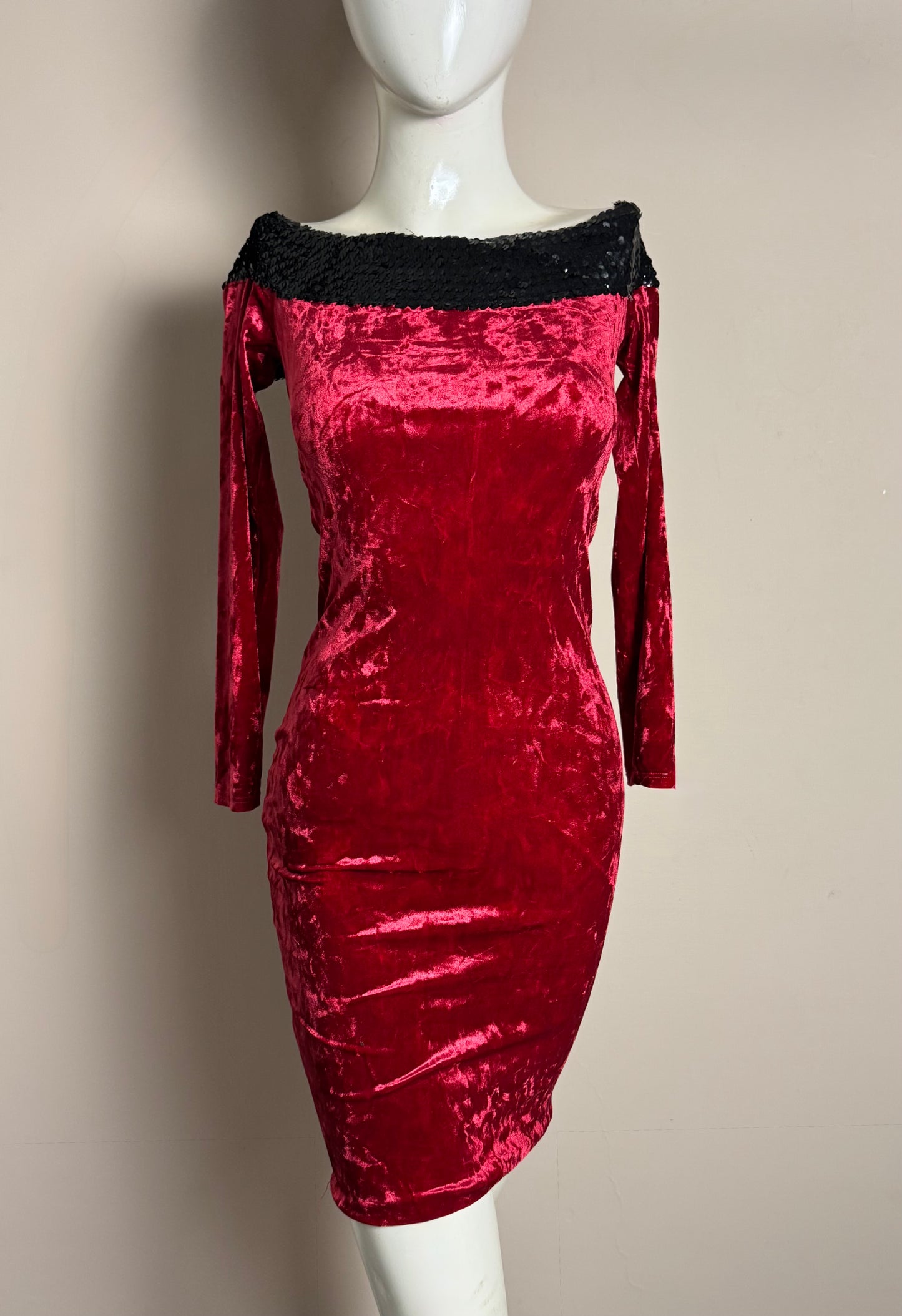 Red Velvet Sequin Off-Shoulder Dress