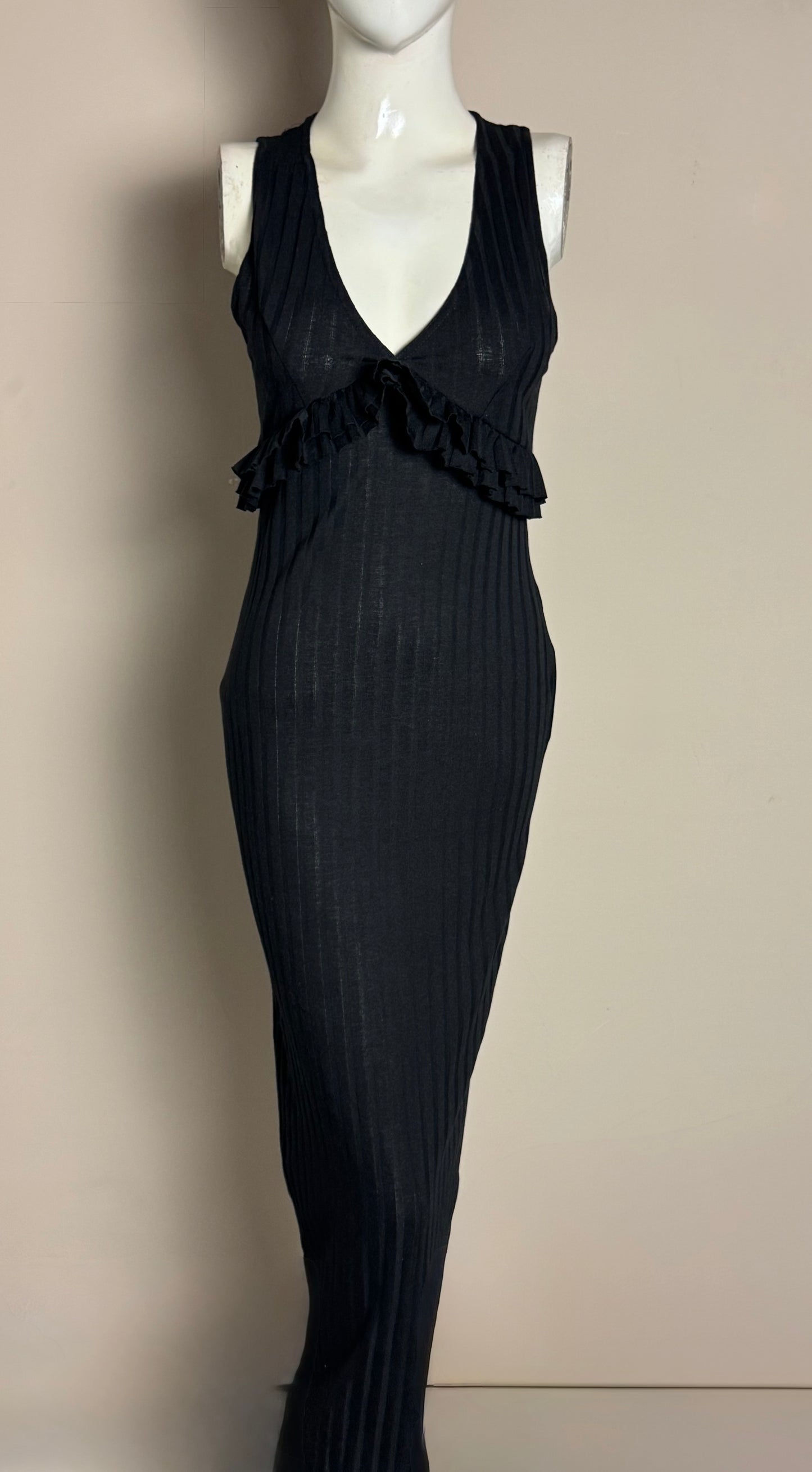 Black Deep V Ruffle Midi Dress