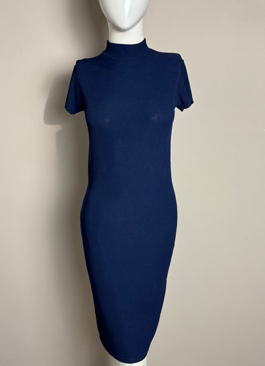 : Navy Short Sleeve High Neck Midi Dress