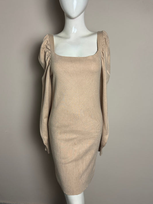 Beige Square Neck Puff Sleeve Dress