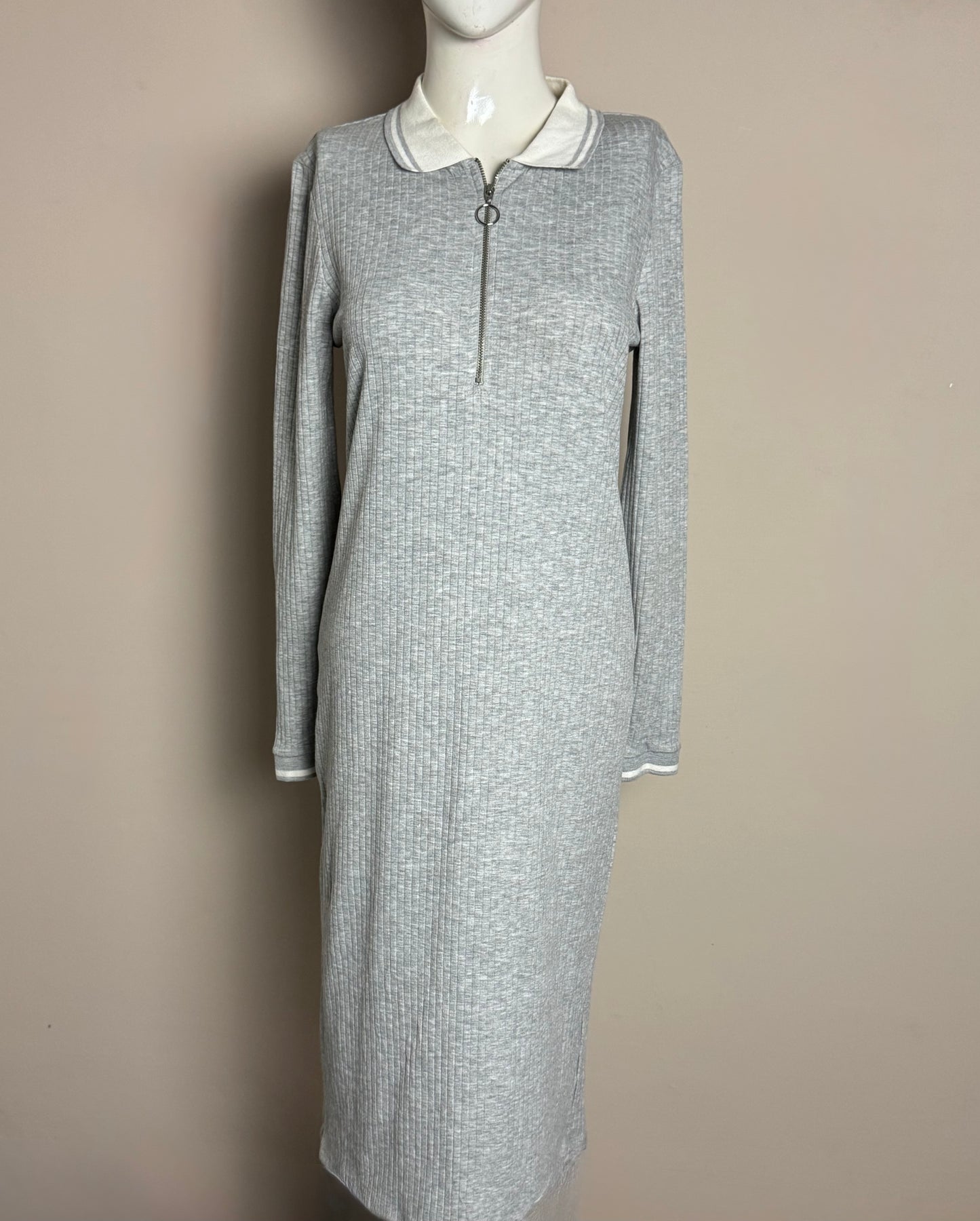 Light Grey Collared Zip-Up Knit Midi Dress