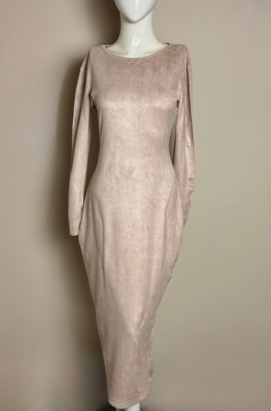 Beige Velvet Long Sleeve Midi Dress –