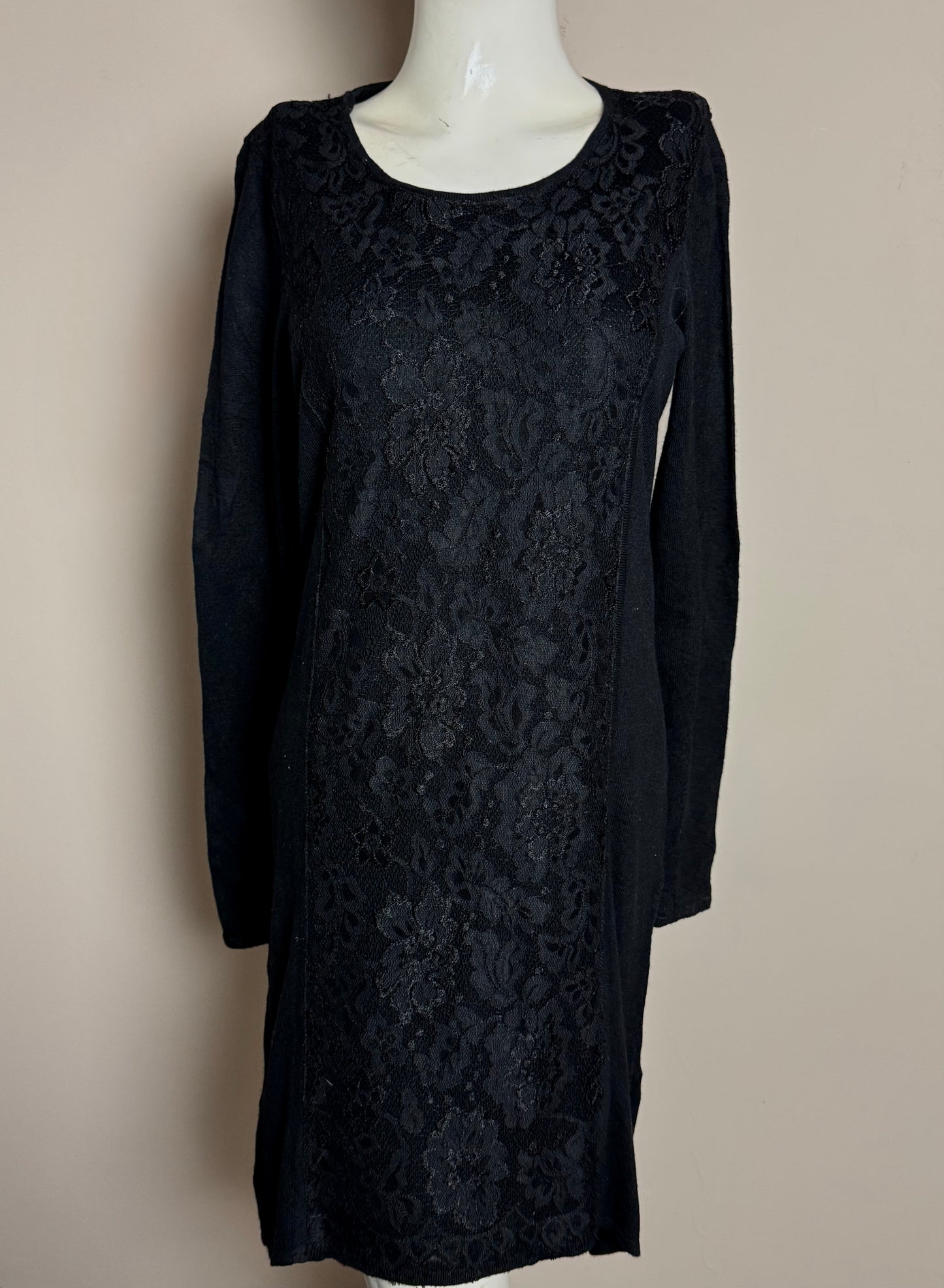 Black Floral Lace Front Knit Dress